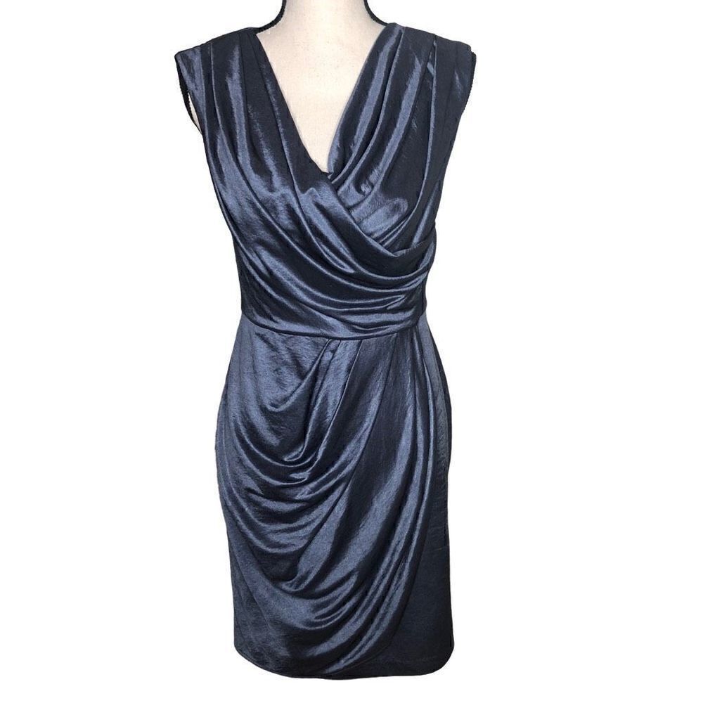Suzi Chin For Maggy Boutique Steel Blue Drape Front Cocktail Party Dress